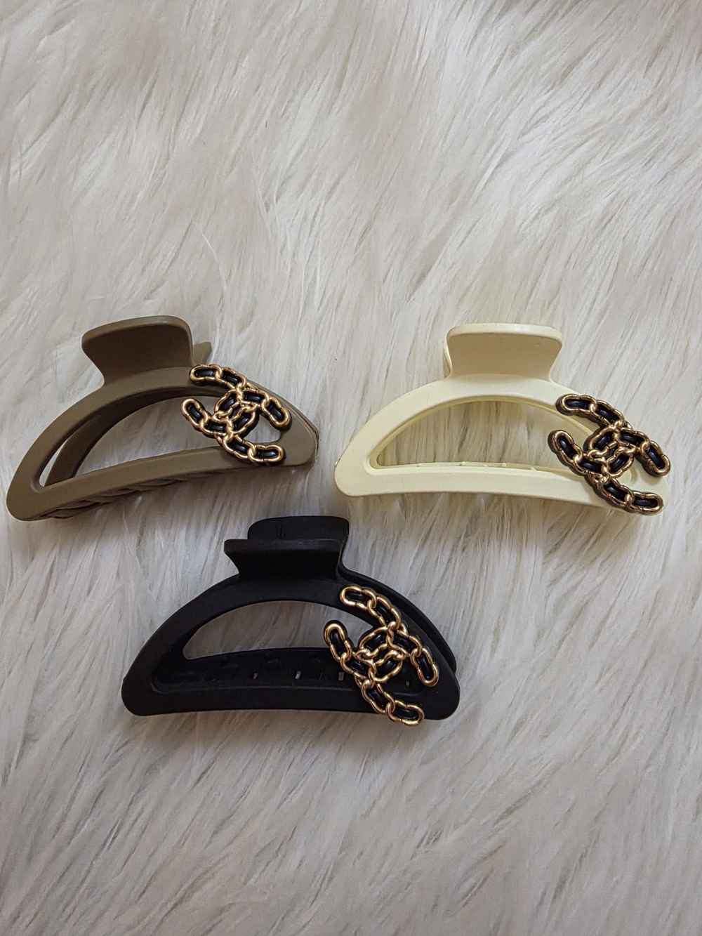 Set of 3 Chain Accent Hair Claws in Black, Cream, and Taupe